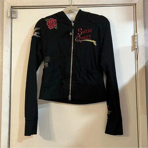 Johnny Was JWLA Black Front Zip Hoodie Sweater Embroidered Suede Roses Bird Rare